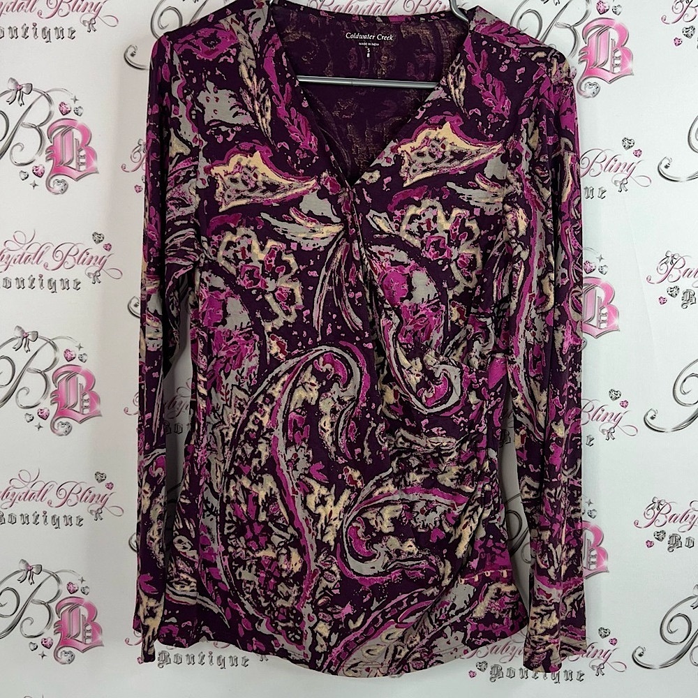 Coldwater Creek Women's Pink and Cream Paisley Blouse stretchy long sleeve